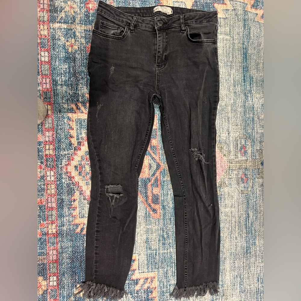 FREE PEOPLE SKINNY/STRAIGHT FRAYED DENIM BLACK SIZE 28